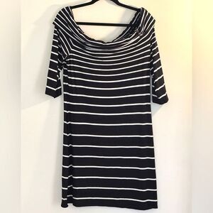 White House Black Market Striped Dress Black White Large off shoulder 3/4sleeve